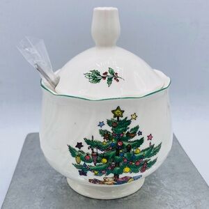 Vintage Nikko Japan Happy Holidays Sugar Bowl With Lid Christmas Tree With Star